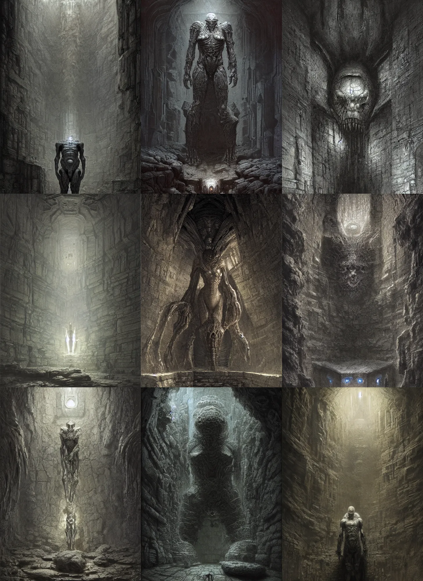 Prompt: cie crystal golem in the back of a dark stone room, intricate, elegant, sharp focus, highly detailed, concept art, digital painting, aleksi briclot, giger, rutkowski, beksinski