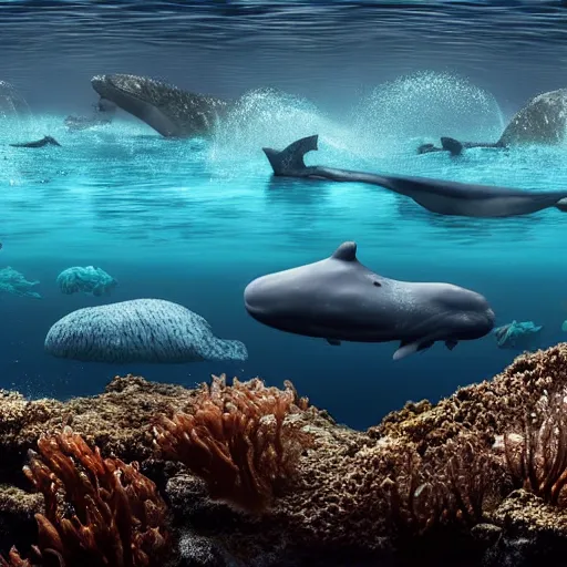 Prompt: ultra realistic underwater photography, panoramic picture of an ocean floor with a few baluga whales. focus on the whales. the whales are anatomically correct and highly detailed. lots of bubbles. seaweed and some rocks. gloomy scattered light entering from the water surface, artstation, 8 k