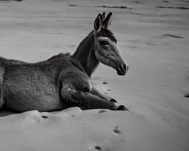 Image similar to realistic photo of a donkey sunbathing at the beach, 8k resolution