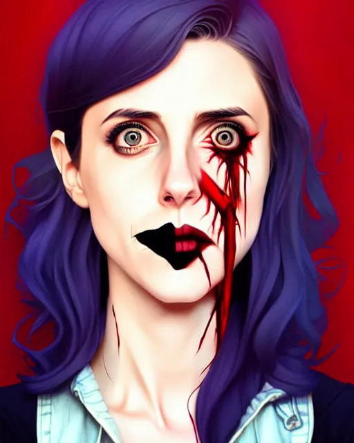 Image similar to loish, artgerm, Joshua Middleton art, Rafeal Albuquerque, pretty Alison Brie serial killer holding bloody knife in right hand realistic hand, blood on clothes and face, sarcastic smile, symmetrical eyes, symmetrical face, jean jacket, jeans, short blonde hair, middle shot, night time, deep blacks