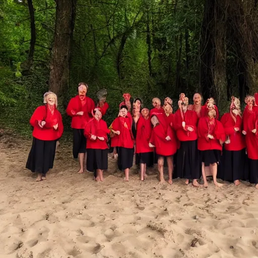 Image similar to A group of Spanish inquisitors holding lanterns on a sandy beach Cove in middle of a magical forest