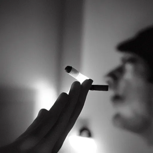 Prompt: one man lights a cigarette from the second man's lighter, a cigarette, smoke