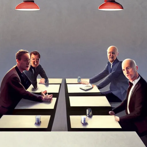 Prompt: portrait of elon musk, mark zuckerberg, jeff bezos, in meeting together, same table, very detailed, art contest winner on behance, trendy on deviant art, by by artgem, greg rutkowski, makoto shinkai