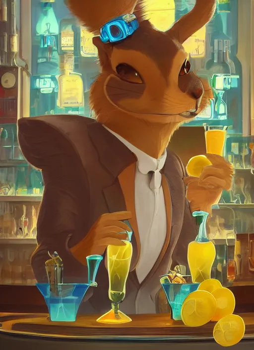 Image similar to squirrel anthro as a dapper bartender with a big, fluffy tail, retro futurism, art deco, detailed, painterly digital art by WLOP and Cory Loftis and Victor Nizovtsev, 🐿🍸🍋, furaffinity, trending on artstation