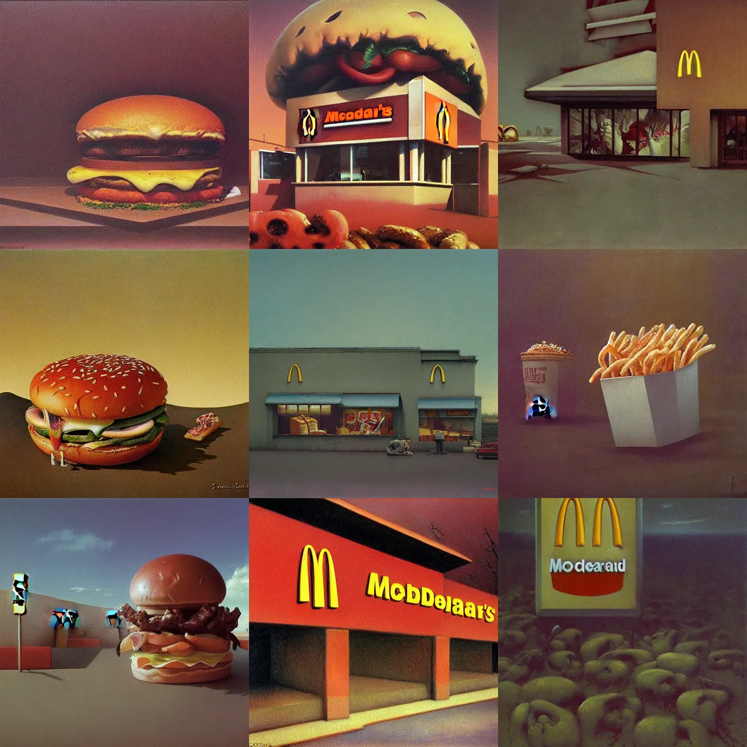 Prompt: McDonalds, painting by Zdzisław Beksiński