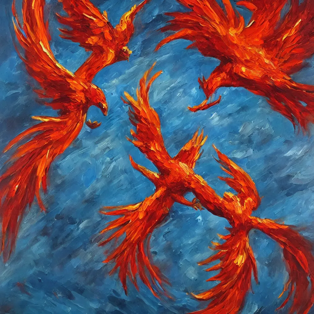 Prompt: Flying scarlet phoenix, oil painting,