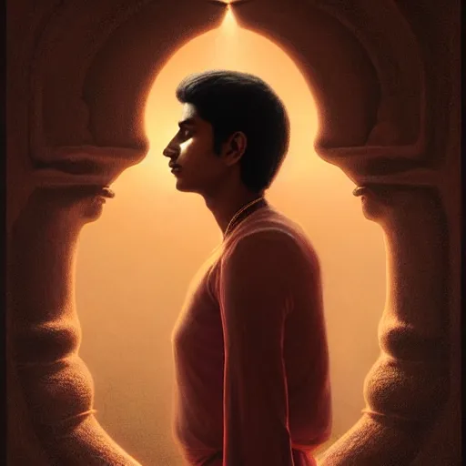 Image similar to perfectly - centered movie promotional poster portrait - photograph of a young indian guy and a beautiful girl side profile faces symmetrical ; real life portrait by beksinski and jean delville, romantic theme of two lovers sharing one heart, unreal engine 5, photorealism, hd quality, 8 k resolution, cinema 4 d, hdr dramatic cinematic lighting