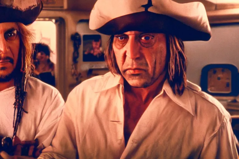 Image similar to captain sparrow and anton chigurh in fear and loathing in las vegas movie, everyone is on psychedelic drugs, cinematic still, movie still, long lens, shallow depth of field, bokeh, anamorphic lens flare, 8 k