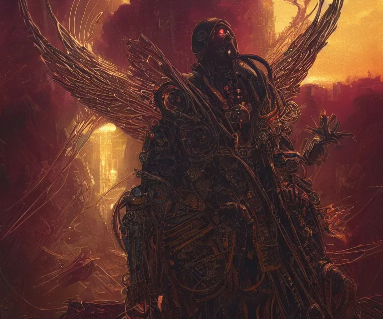 Image similar to a beautiful tarot card artwork of a cyberpunk fallen dark seraphim, horror, backlit, gloomy sky, highly detailed, digital painting, intricate golden threads, by eddie mendoza and greg rutkowski and dan mumford and artgerm, vivid colors, detailed shading, 8 k resolution, intricate, smooth