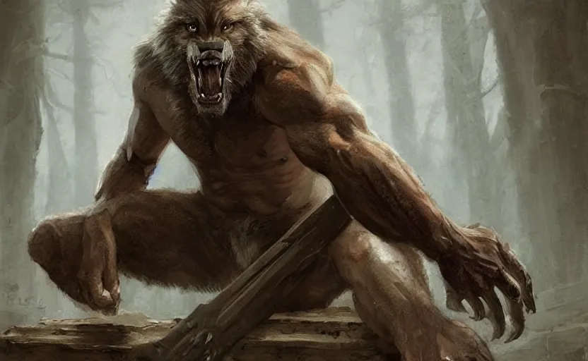 Image similar to Portrait of a rugged werewolf sitting down, male, muscular, detailed face, bare thighs!!!, simple clothing!!!!!, fantasy, medieval, highly detailed, cinematic lighting, digital art painting by greg rutkowski