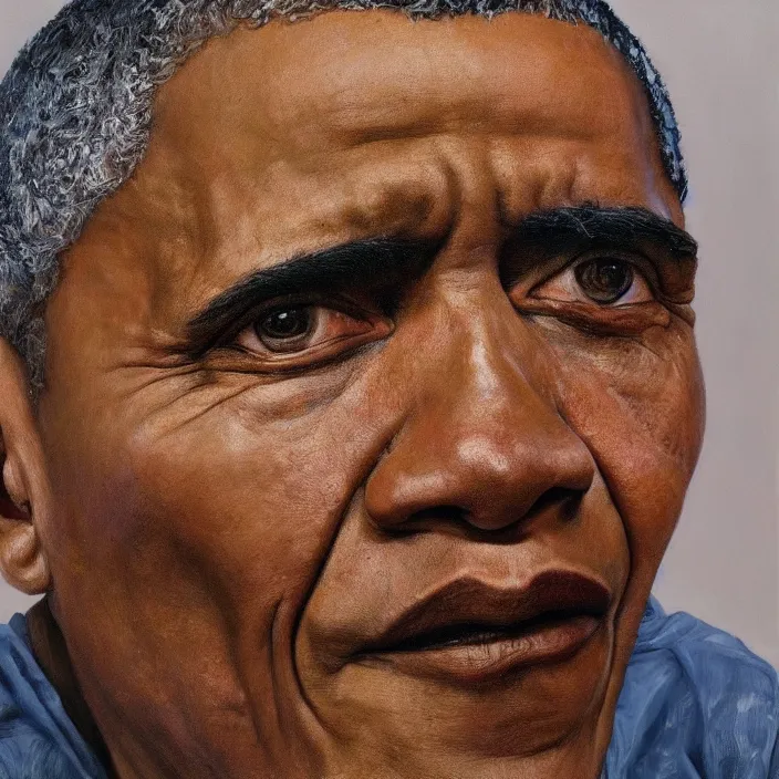 Image similar to hyperrealistic close up studio portrait of aging old Barack Obama age 85 sad, oil painting by Ivan Albright and Lucian Freud and Ron Mueck, trending on artstation Studio lighting hyperrealism