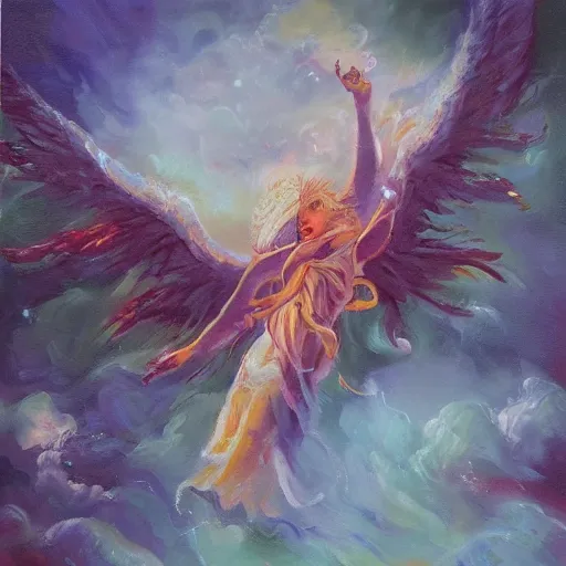 Image similar to beautiful oil painting of biblically accurate angel, night sky clouds, green lightning, above city, high detail, trending on art station