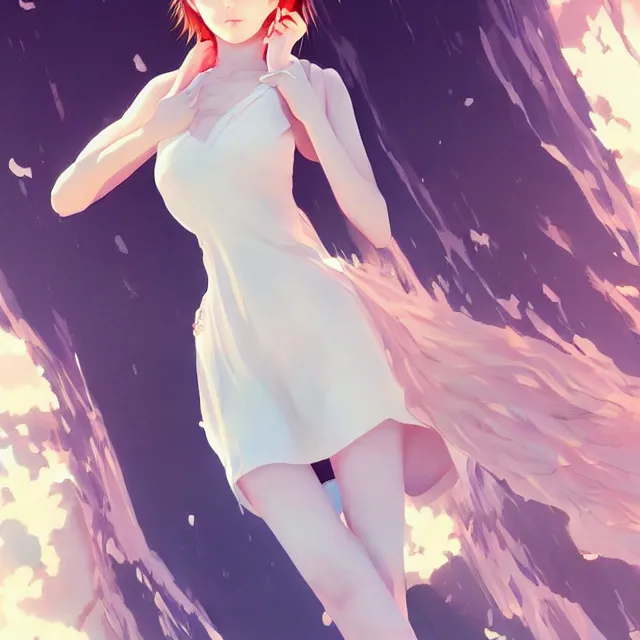 Image similar to infinitely detailed full - body portrait pale female peaceful dream angel wearing elegant clothes. beautiful! scenery art! by wlop & murata range, by ilya kuvshinov. artstation!! / pixiv!!