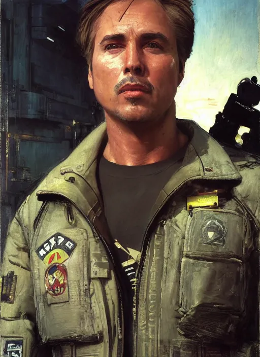 Prompt: Don Johnson. cyberpunk USN marine wearing a military vest and combat gear. (Cyberpunk 2077, bladerunner 2049, rb6s). Squarish face. Iranian orientalist portrait by john william waterhouse and Edwin Longsden Long and Theodore Ralli and Nasreddine Dinet, oil on canvas. Cinematic, hyper realism, realistic proportions, dramatic lighting, high detail 4k