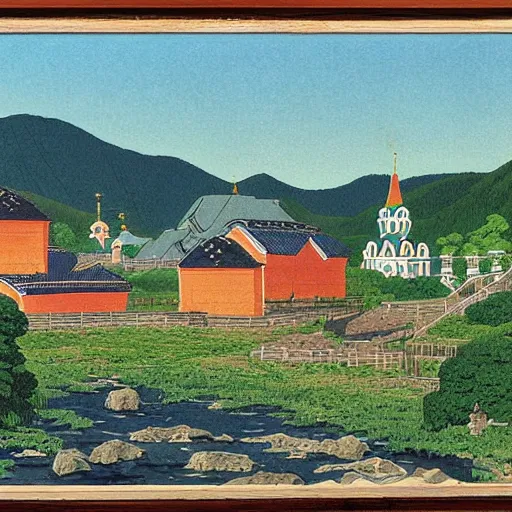 Prompt: russian village by Hasui Kawase