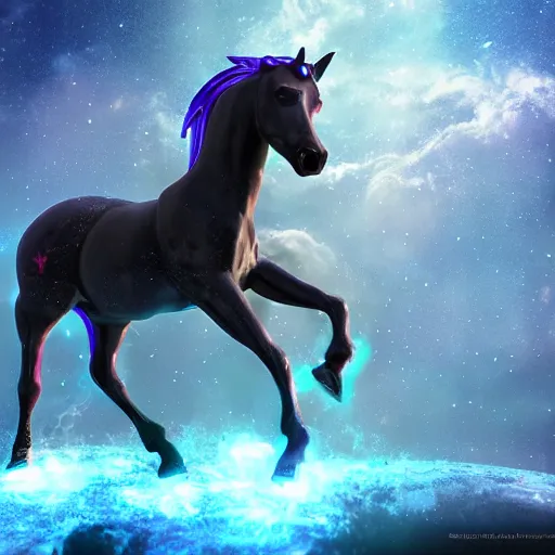 Image similar to cyber horse in the spirit realm, ice, cosmic, octane render, digital painting, award winning photograph