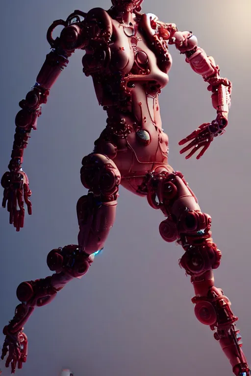 Image similar to a statue made of red marble, of an beautiful chinese girl, full body shot, perfect body, white biomechanical, inflateble shapes, wearing epic bionic cyborg implants, masterpiece, intricate, biopunk futuristic wardrobe, vogue, highly detailed, artstation, concept art, background galaxy, cyberpunk, octane render