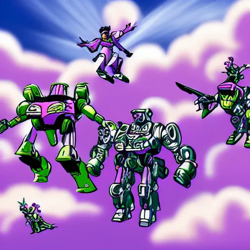 Image similar to mechs flying through purple clouds, in the style of Disney's Peter Pan