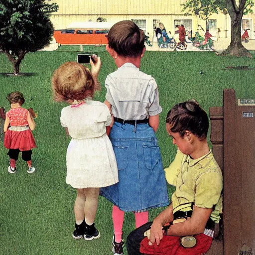 Image similar to children at a playground on smartphones, by norman rockwell