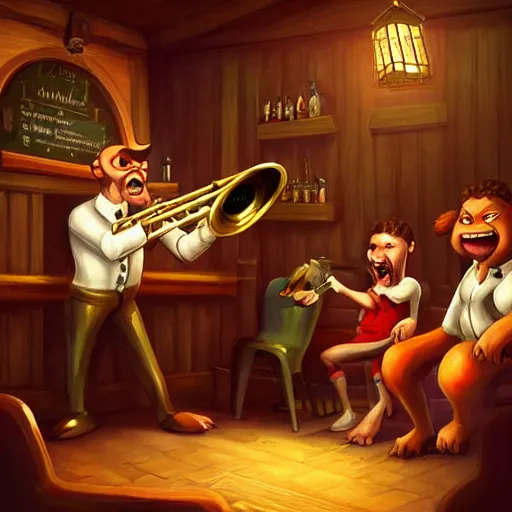 Image similar to monster playing trumpet in tavern to cheering patrons, artstation, fantasy