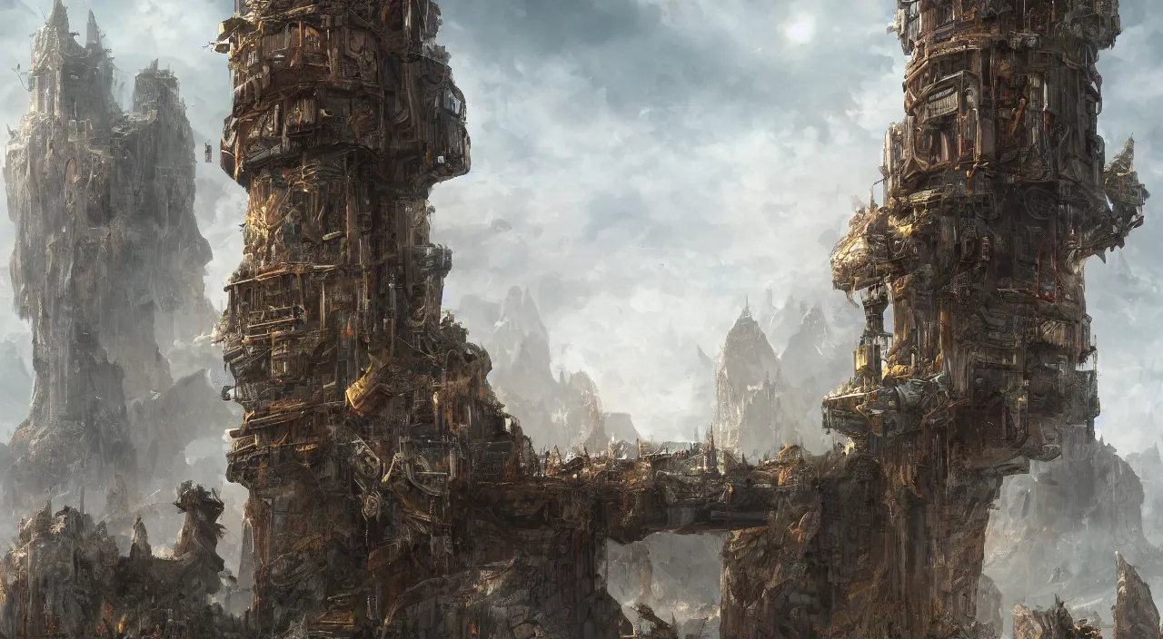 Image similar to an enormous watchtower guarded by cerberus, large scale, breathtaking, mixed media, digital art, trending on artstation, 8k, epic composition, highly detailed, AAA graphics
