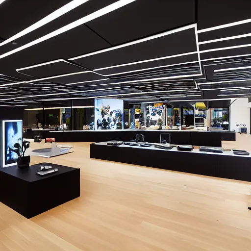 Image similar to A flagship Samsung store. black walls. timber floor. high ceilings with spots. wood furniture with large digital screen. display tables with phones and tablets, pots with plants, digital screens on the walls, Architectural photography. 14mm. High Res 8K. award winning architectural design, inspired by Arne Jacobsen, Niels Otto Møller, Verner Panton, Scandinavian Design, Retaildesignblog.net, high-tech, sci-fi