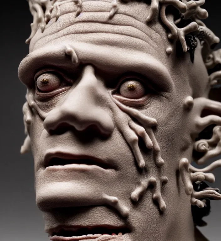 Prompt: Frankenstein , A Close up photo-real delicate ceramic porcelain sculpture of a symmetrical ornate detailed in front of an intricate background by Victo Ngai and takato yamamoto, micro detail, backlit lighting, face in focus, subsurface scattering, translucent, thin porcelain, octane renderer, colorful, physically based rendering, japanese pottery, trending on cgsociety