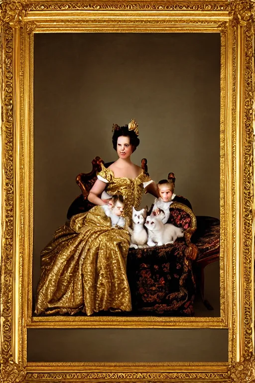 Prompt: a portrait of a royal cat and his family, on an embroidered velvet cushion on a neo - rococo gilded little bed, by yousuf karsh, photorealistic, photography, wide shot