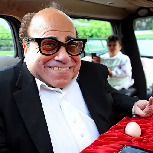 Image similar to danny devito offering you an egg in the backseat of a limo, high quality, high resolution