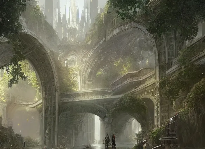 Prompt: A train subway inside a beautiful elven city made of white marble, anime, lush trees, fountain, statue, a fantasy digital painting by Greg Rutkowski and James Gurney, trending on Artstation, highly detailed
