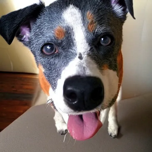 Image similar to Amy the Blue Heeler dog, making the stupidest meme face ever.