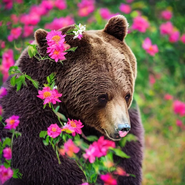 Prompt: a very artistic picture of a bear with flowers on his head, beautiful and cute, long exposure, high quality, detailed, 8 k resolution, analytical art, art photography, moco