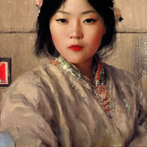 Image similar to portrait of asian beautiful woman watching smartphone masterpiece painting by vasnetsov and surikov, JEAN-VICTOR BERTIN, by Terence Cuneo, detailed, artfully traced, 4k resolution, cinematic