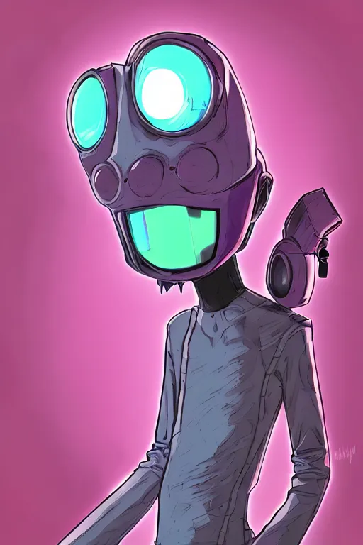 Prompt: portrait concept art painting of alternate reality invader zim, artgerm, moebius, inio asano, toon shading, cel shading, smooth, calm, tranquil, vaporwave colors,