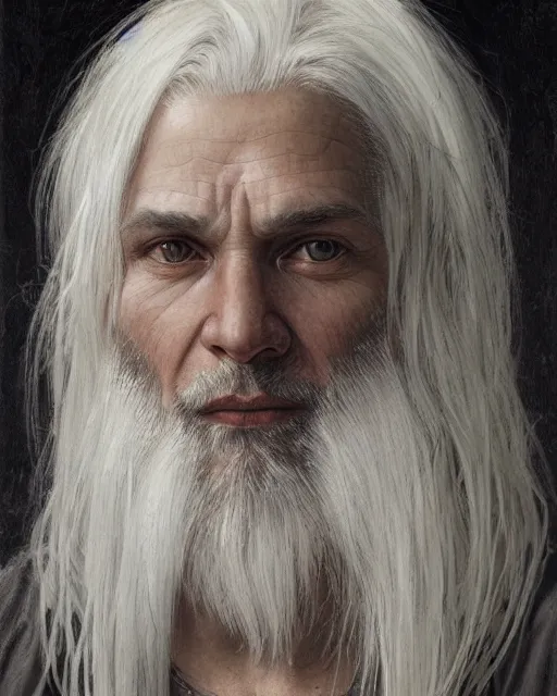 Image similar to portrait of 4 0 - year - old man with white hair with a pale complexion, pointed face and grey eyes, clear smooth face, no beard wearing black clothes, hyper realistic face, beautiful eyes, close up, fantasy art, in the style of greg rutkowski, intricate, alphonse mucha, hyper detailed, smooth