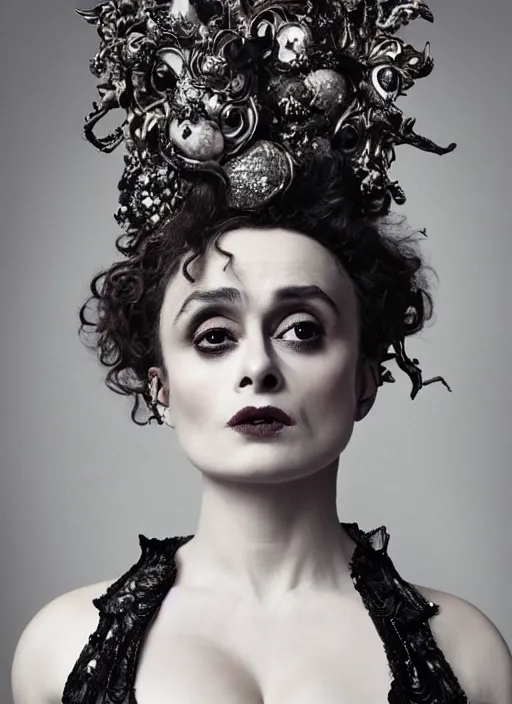 Image similar to a portrait of helena bonham carter by erwin olaf and nekro borja, photorealistic, intricate details, hyper realistic, dark fantasy, rococo onyx headpiece, crystals, photorealistic, canon r 3, photography, symmetrical features, symmetrical pose, wide angle shot, head to toe, standing pose, feet on the ground,