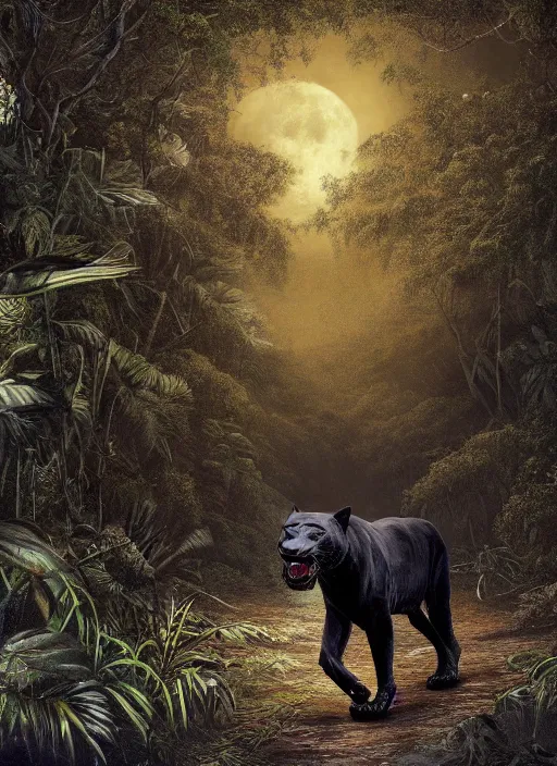 Prompt: a beautiful matte painting of a black jaguar walking in the jungle at night, front face, with full moon in the sky, ayahuasca