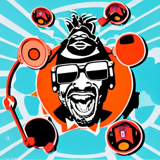 Image similar to svg sticker of a Dancing-Ben-Harper-Snoop-Spike-Lee-with-a-large-Afro-Puff, at a rave, spinning records, giant headphones rocking out, wearing headphones, huge speakers, dancing, rave, DJ, spinning records, digital art, amazing composition, rule-of-thirds, award-winning, trending on artstation, featured on deviantart