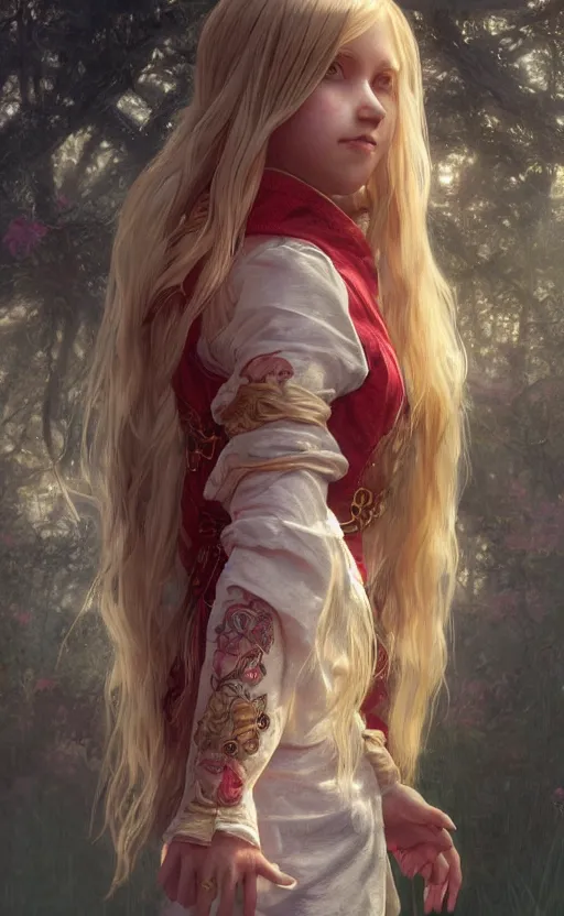 Image similar to full body shot of a young girl with blond twin tail hair and red eyes, ultra realistic, concept art, intricate details, eerie, highly detailed, photorealistic, octane render, 8 k, unreal engine, art by artgerm and greg rutkowski and alphonse mucha
