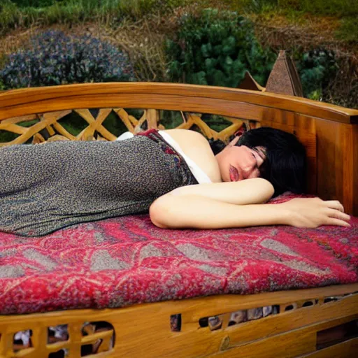 Image similar to woman laying on hobbit bed in the shire