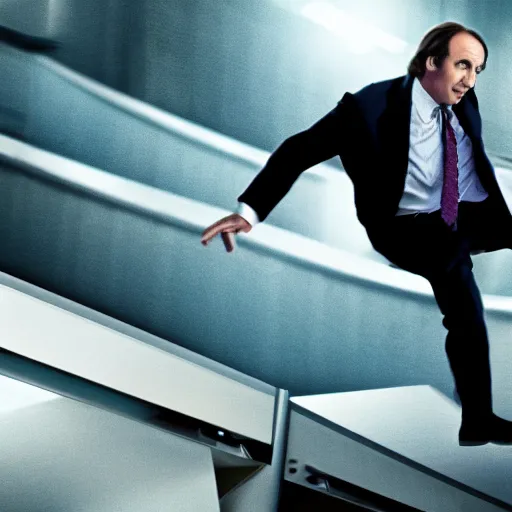 Prompt: saul goodman doing a kickflip across the judge's desk, movie film still, hq, hdr