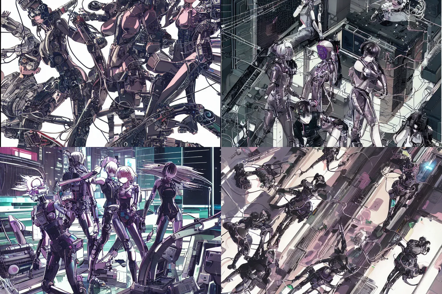 Image similar to a cyberpunk illustration of a group of four coherent female androids in style of masamune shirow, lying scattered across an empty, white floor with their bodies rotated in different poses and cables and wires coming out, by yukito kishiro and katsuhiro otomo, hyper-detailed, intricate