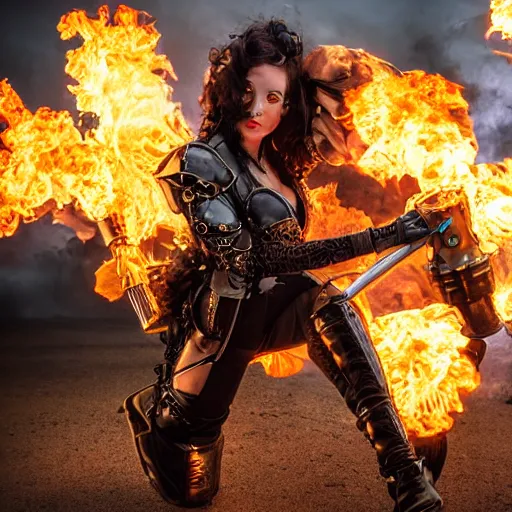 Image similar to photo of steampunk warrior woman with flamethrower