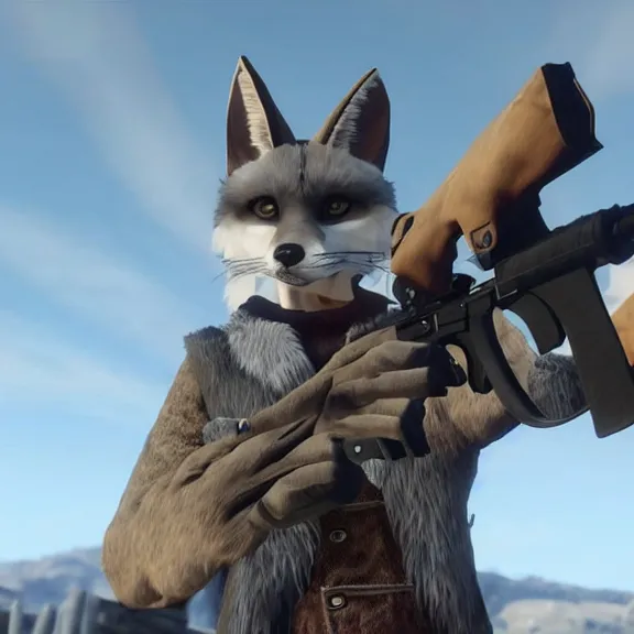 Image similar to a blue fennec fox furry in a fursuit in red dead redemption 1 killing himself with his revolver