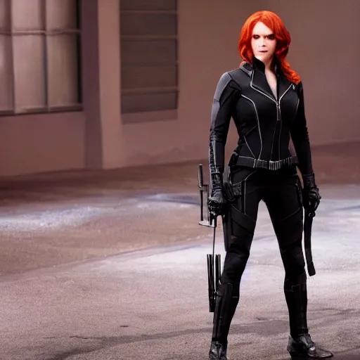 Image similar to Norman Reedus as Black Widow from The Avengers, cinematic photo