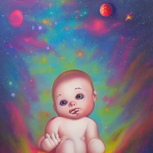 Image similar to sad lonely baby in the middle of space surrounded by colorful stars planets and galaxies, oil painting, trending on artstation