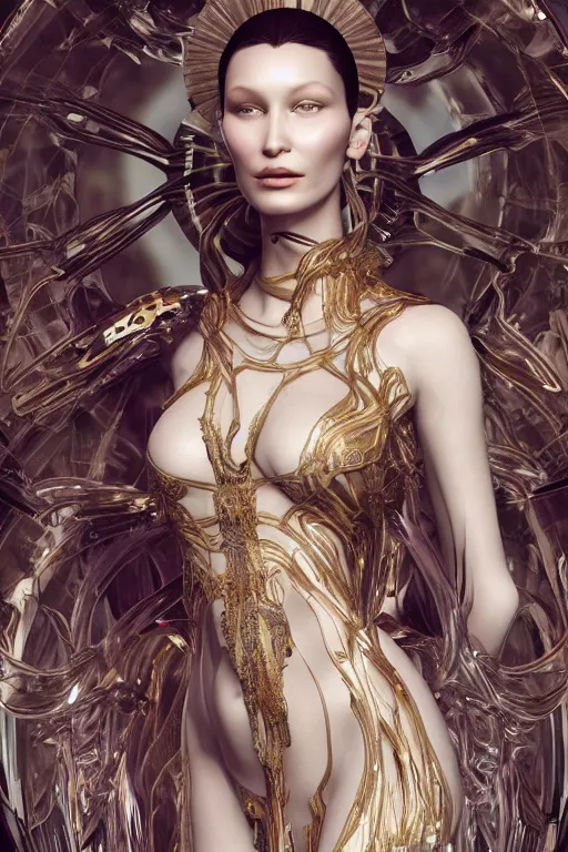 Prompt: a realistic photoshoot of a beautiful ancient alien woman goddess bella hadid standing in iris van herpen dress jewelery and fractals in style of alphonse mucha art nuvo dmt trending on artstation made in unreal engine 4