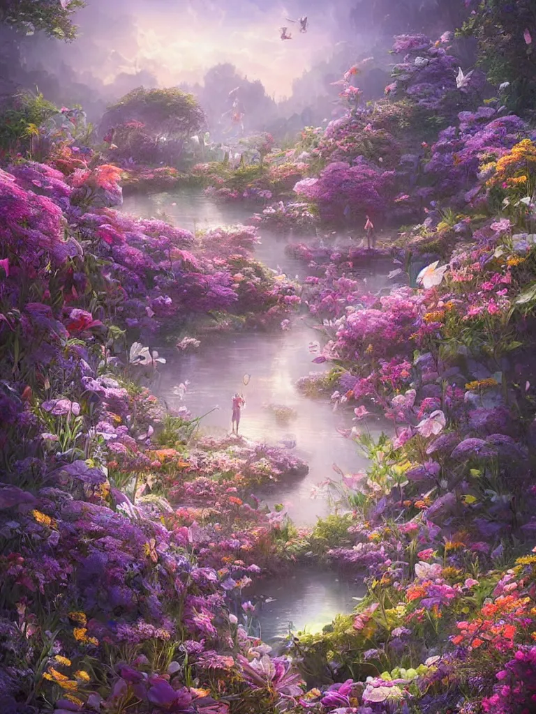 Image similar to a dream flower garden surrounding a lake environment where one draws mystical energy into their lives, background art, pristine concept art, small, medium and large design elements, in the style of WLOP and Ross Tran