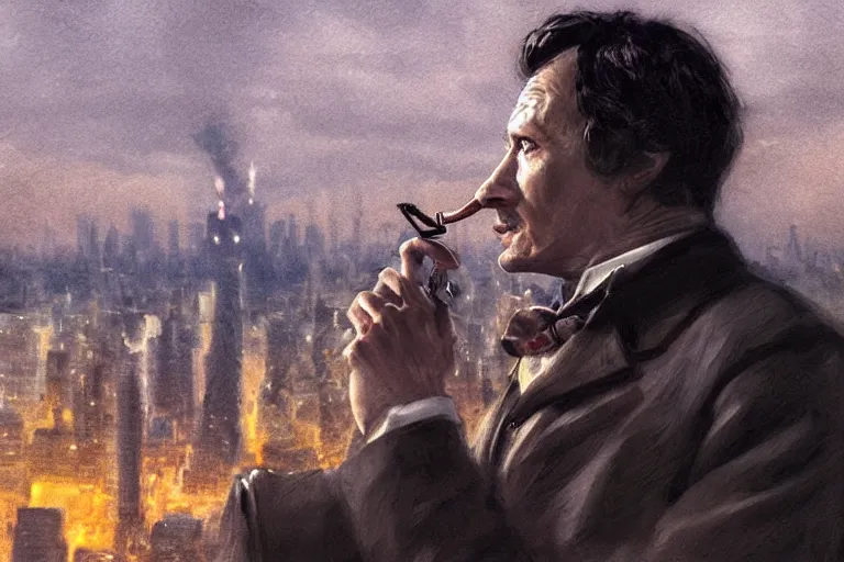 Prompt: portrait profile sherlock holmes tobacco pipe on a perch facing the city at night, smoke rising, smooth, focus, highly detailed, hyper realistic, dramatic lighting, intricate, concept art, new york skyline, looking down, movie still, art by wlop, greg rutowski, artstation