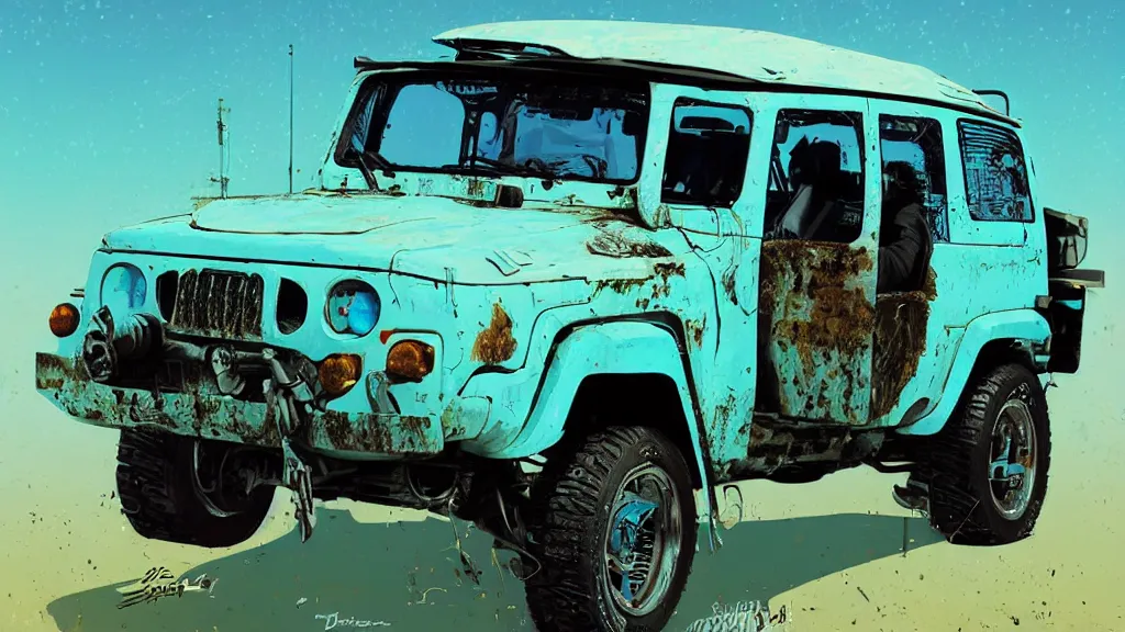 Image similar to digital illustration of a futuristic faded cyan mad max's fj 4 0 decrepit!!!! pursuit special, rusty!!! cyberpunk nissan fj cruiser heavily modded 1 9 9 0 s, the last v 8 interceptor by makoto shinkai, ilya kuvshinov, lois van baarle, rossdraws, basquiat